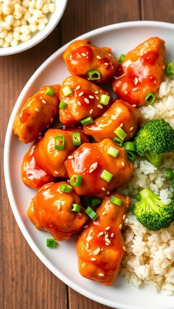 Healthy air fryer orange chicken served with rice and broccoli, garnished with green onions and sesame seeds.